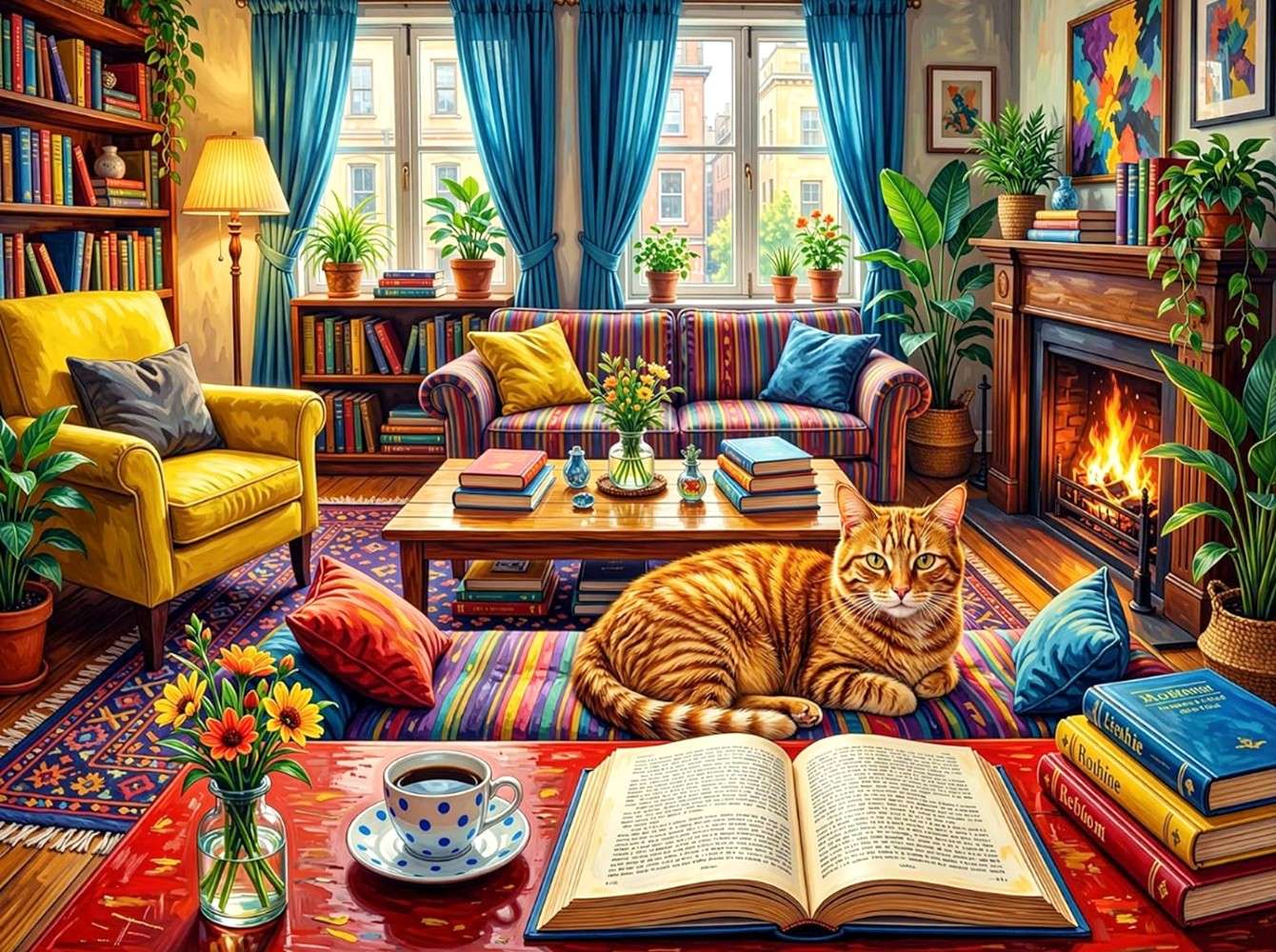 Cat & Book Living Room jigsaw puzzle online
