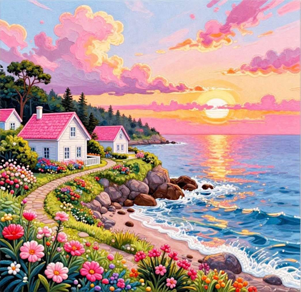 Cabañas junto al mar al atardecer rompecabezas en línea