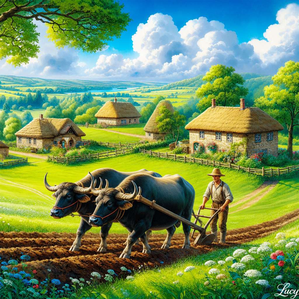 Un paisaje rural tranquilo con bueyes. rompecabezas en línea