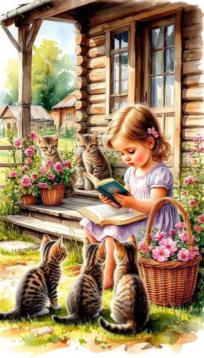 une lit une histoire au chatons attentifs puzzle en ligne