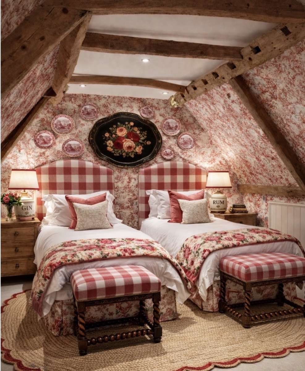 Red plaid bedroom with ornate walls. online puzzle