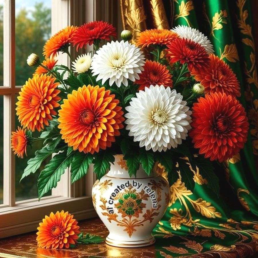 En bukett vita och röda blommor Pussel online