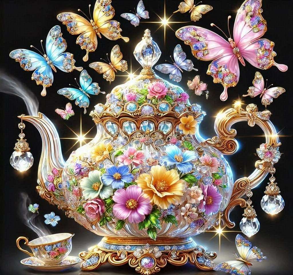 Beautiful teapot with flowers, pearls and butterflies jigsaw puzzle online