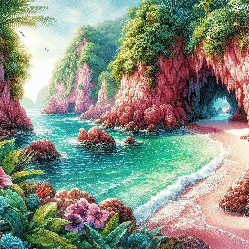 Tropische baai met zachtroze zand legpuzzel online