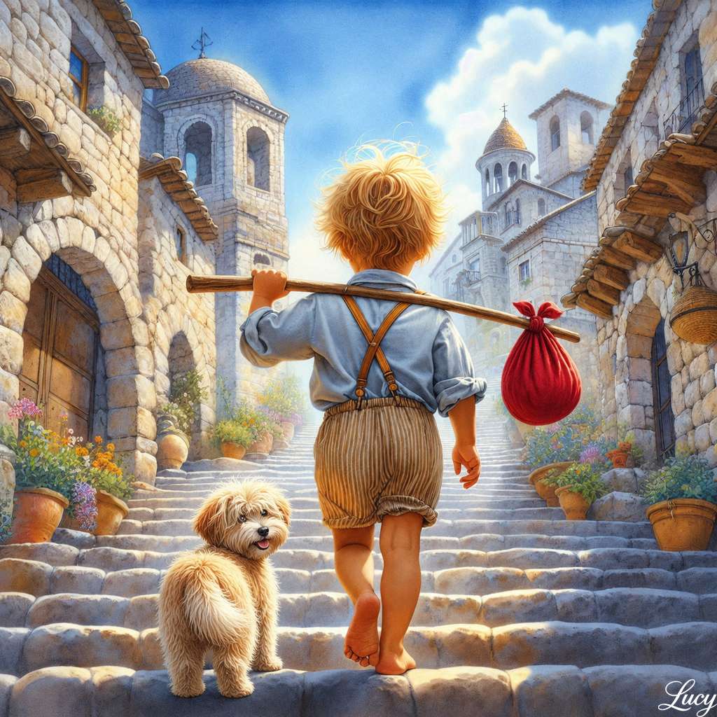 Jongen en hond in een zonovergoten dorp legpuzzel online