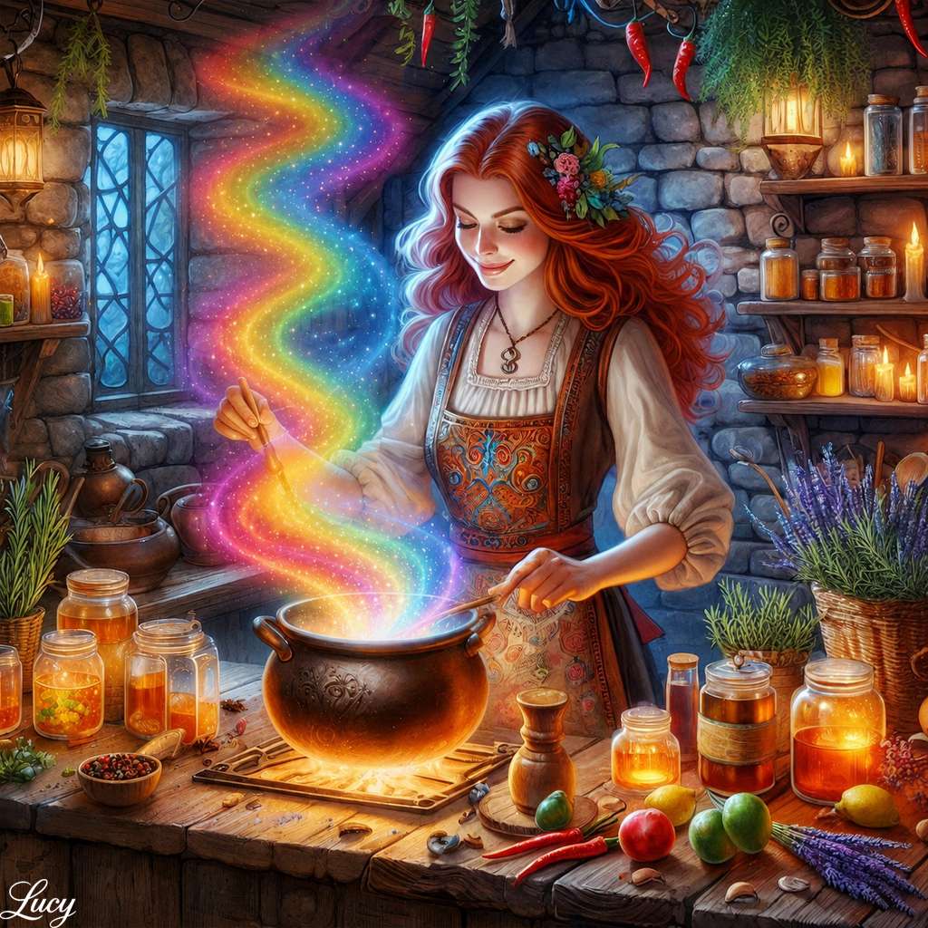 Poción encantadora elaborada en una cocina acogedora rompecabezas en línea