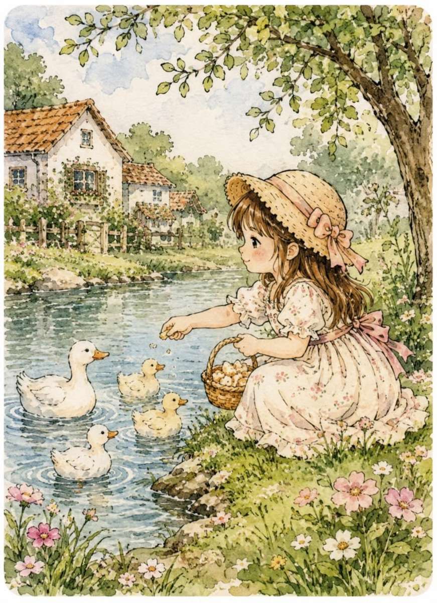 una bambina dà da mangiare alle anatre puzzle online