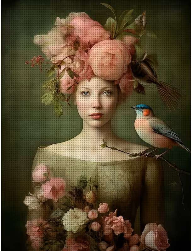 portret kobiety z ptakiem na ramieniu puzzle online