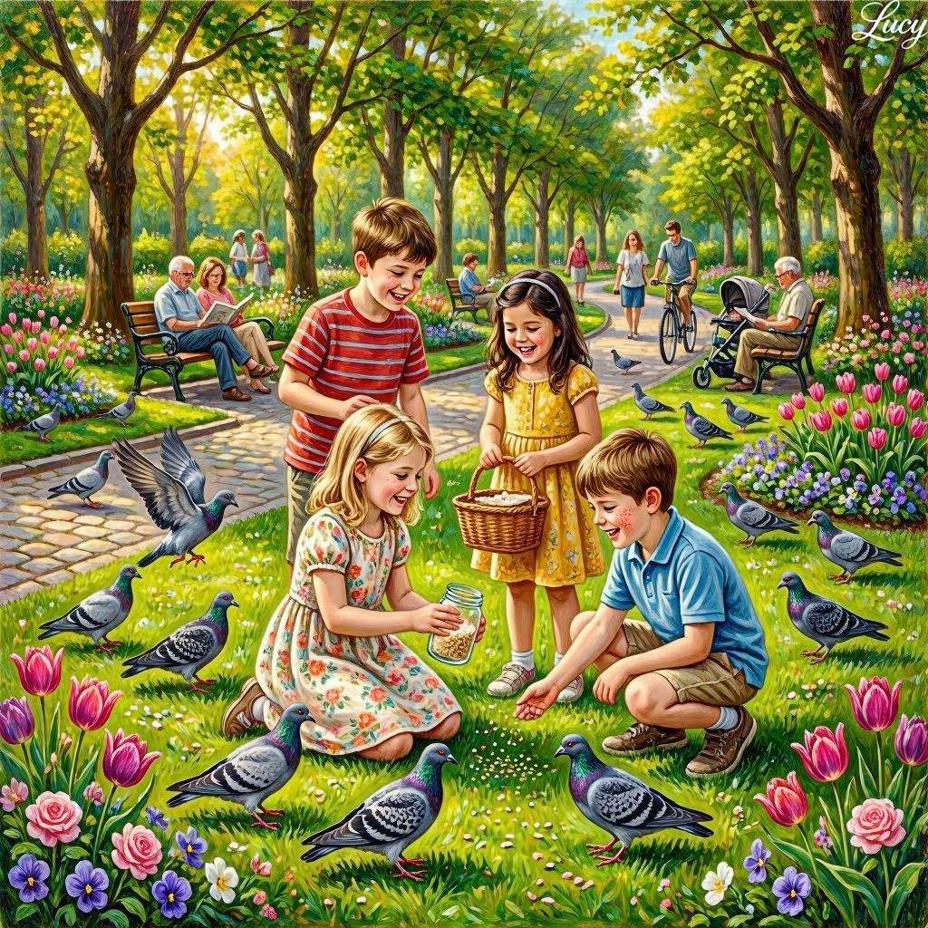 Crianças alimentando pombos puzzle online