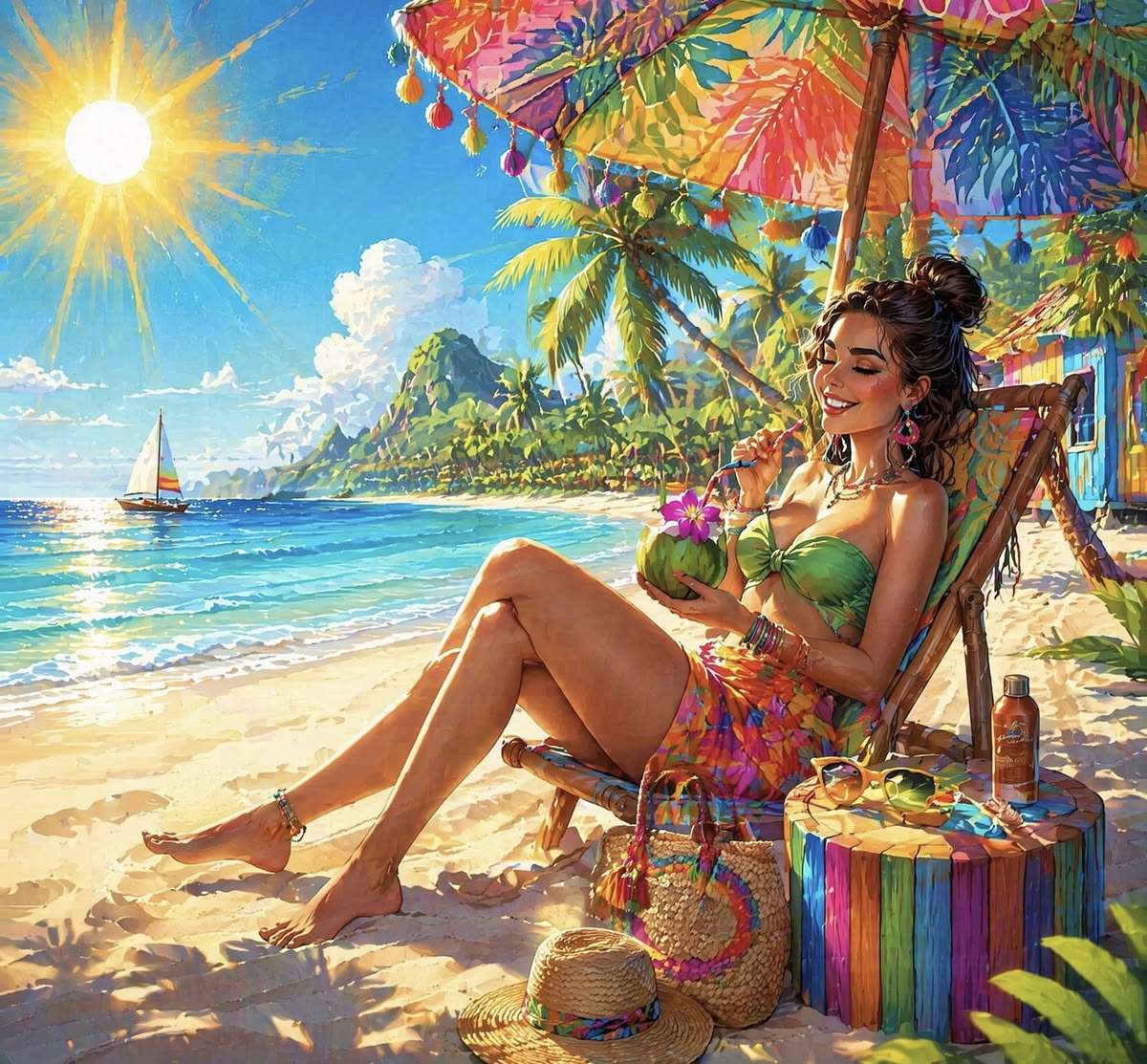 Uma praia tropical com atmosfera ensolarada de férias quebra-cabeças online