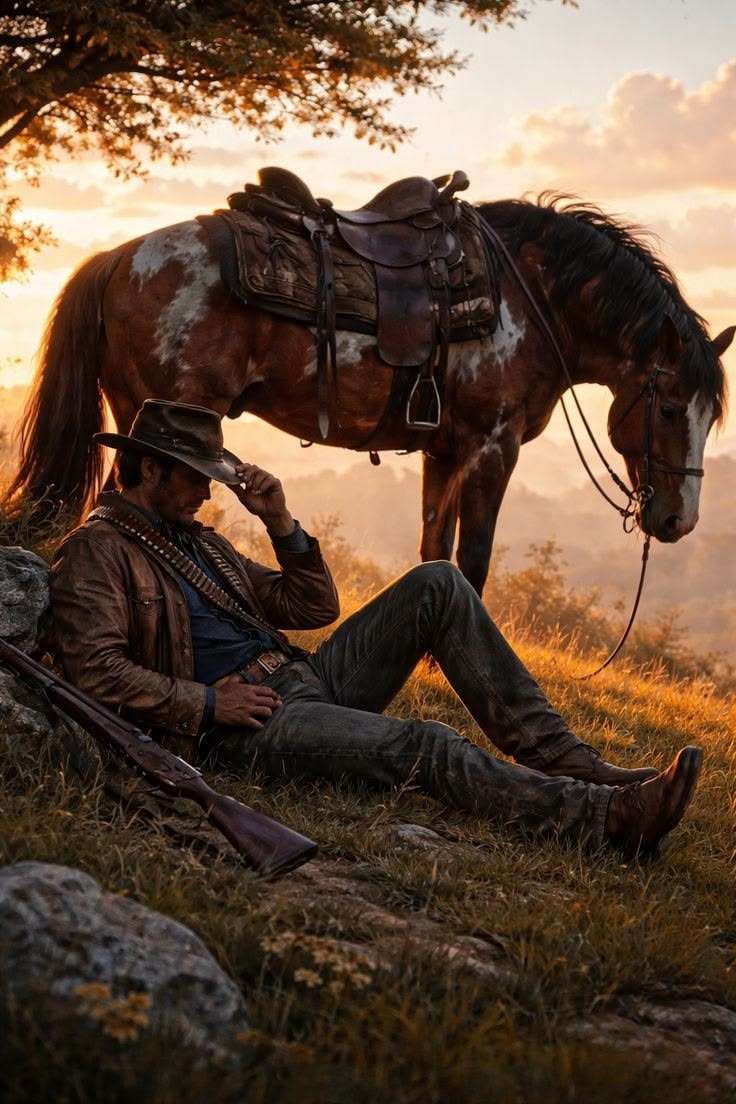ein Cowboy und sein Pferd in Ruhe Puzzlespiel online