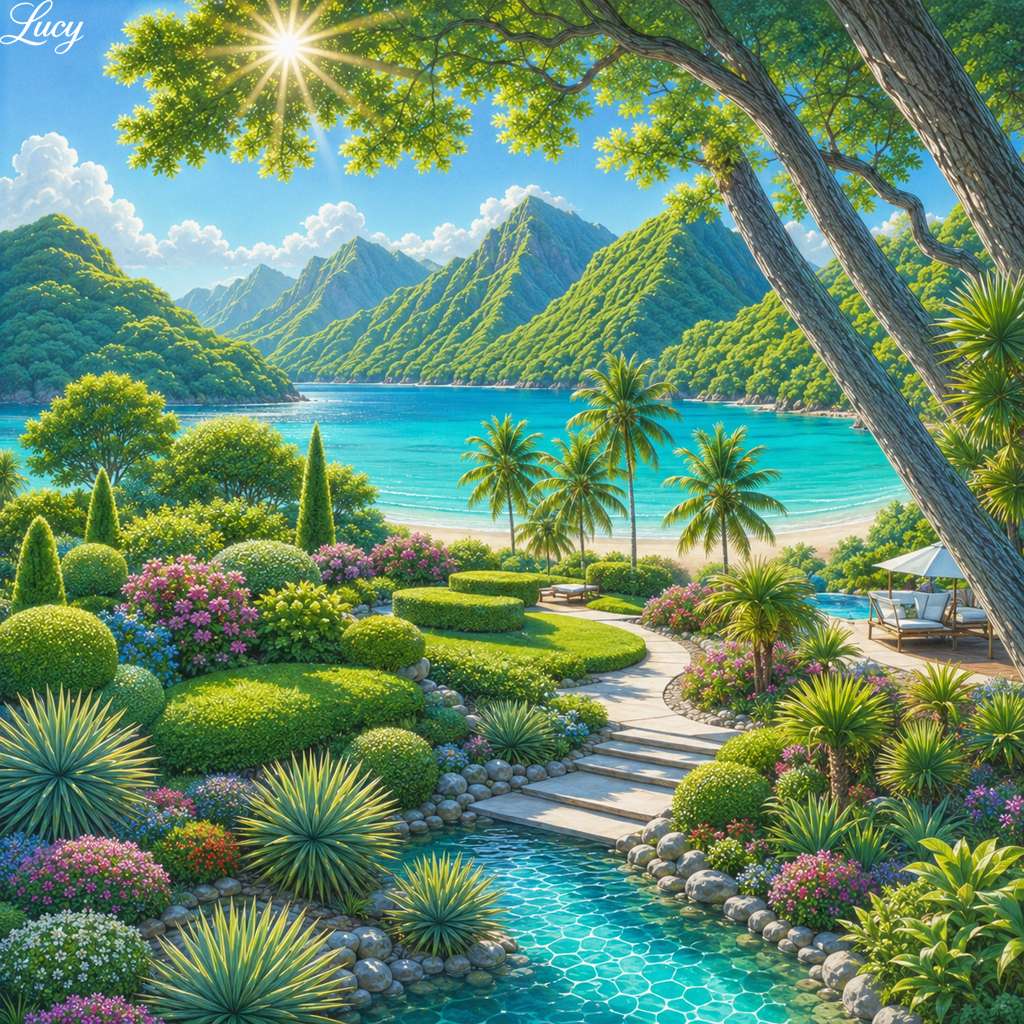 Tropical paradise garden by the sea - online puzzle