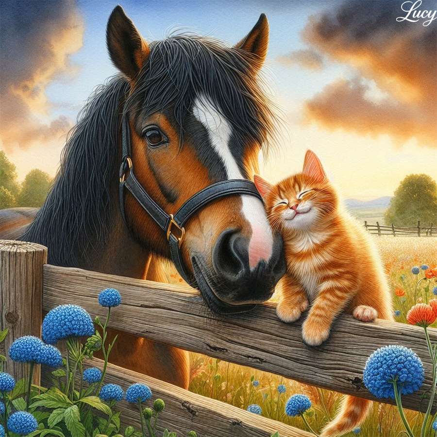 Horse nuzzling a kitten - online puzzle