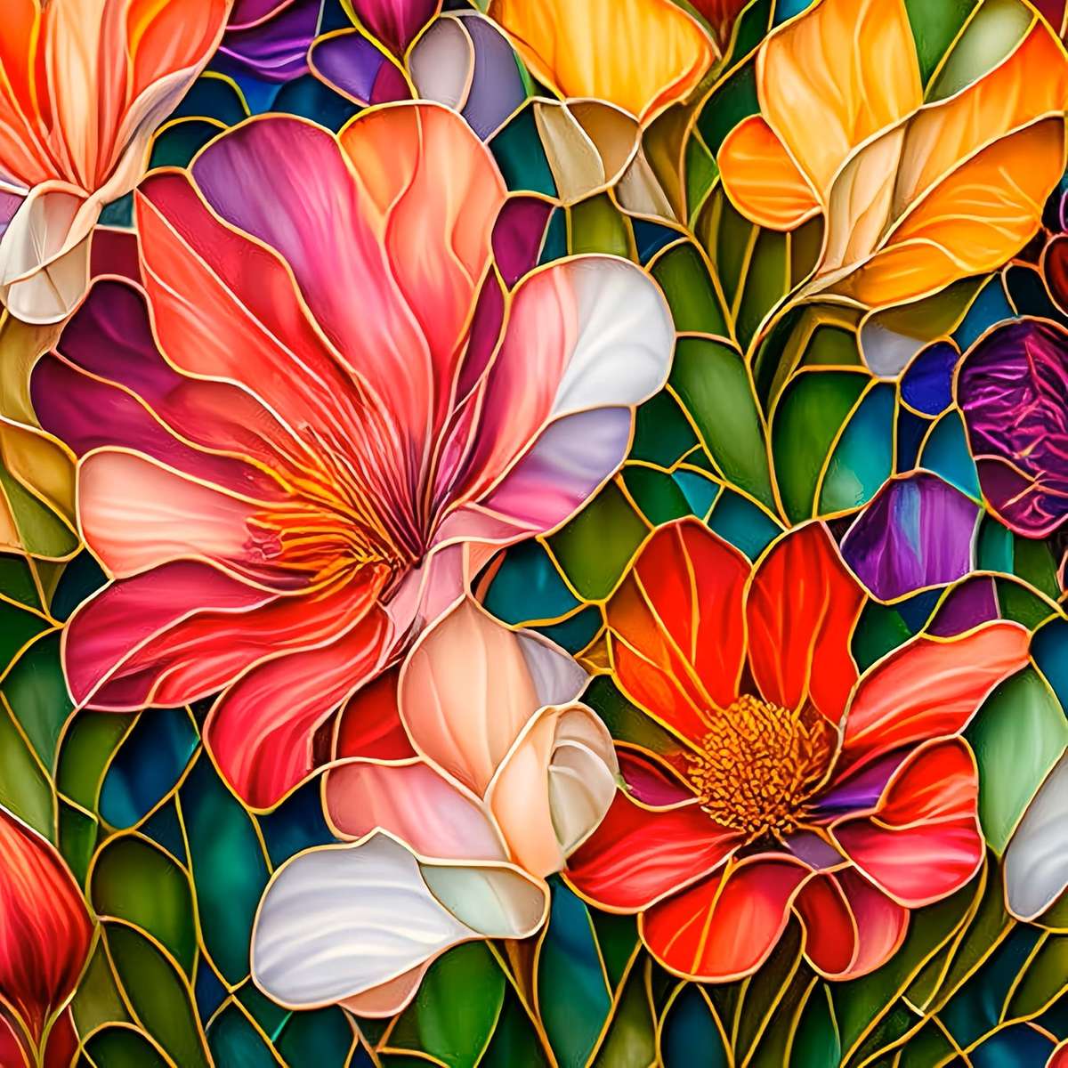 red flowers - stained glass - online puzzle